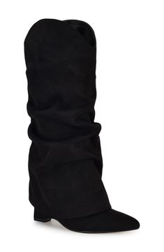 A slouchy fold-over shaft creates contemporary intrigue on a statement-making boot balanced by a pointy toe and sculptural wedge heel. 3 1/2" heel 12 1/2" shaft; 14 1/4" calf circumference Pull-on style Synthetic upper/textile and synthetic lining/synthetic sole Imported Wedge Boots Outfit, Foldover Boots, Fold Over Boots, 2024 Fashion, Wedge Boots, Boots Outfit, Black Fits, Fold Over, Wedge Heels