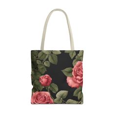 Sizes: 18" × 18'', Handle color: Beige Rose Patterns, Black Floral Print Tote Bag, Rose Tote Bag, Midnight Rose, Multicolor Floral Print Tote Bags, Black Tote, Rose Pattern, Running Errands, To Work