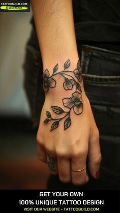 a woman's hand with flowers on it and the words get your own tattoo design