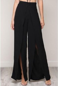 PRODUCT DESCRIPTION -Wide leg pants -Split leg -Side Zipper -97% Polyester 3%Spandex Side Split Pants Pattern, Pants With Slits On The Side, Outfits Casamiento, Split Leg Pants, 21 Diner, Black Pants Outfit, Ripped Jeans Women, Split Pants, Sheer Pants