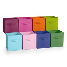 multicolored storage bins stacked on top of each other