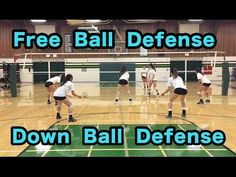 girls in white shirts and black shorts playing volleyball on a gym court with the words free ball defense down all defense