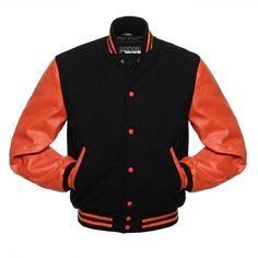 Brand New Varsity Jacket *Made by highest quality wool and Genuine leather *100% Polyester Laser Lining * Total 5 Pockets , 2 Front, 3 inside, 1 Mobile pocket. Orange Leather Jacket, Leather Jacket Style, Vintage Leather Jacket