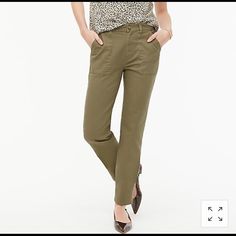 Nwt J. Crew 10” Highest Rise Utility Straight Pant In Stretch Canvas. Color- Frosty Olive. Size- 26. Cotton/Elastane. Sits At Waist. Straight Through Hip And Thigh, With A Straight Leg. 26.5” Inseam. Zip Fly. Machine Wash. Comfortable Pants, Great Fit, Will Go With Everything! Spring Workwear Pants With 5-inch Inseam, Khaki Pants With Patch Pockets, Spring Pants With Welt Pockets And 5-inch Inseam, High-rise Khaki Pants For Workwear, High Rise Khaki Pants For Work, Blue Velvet Pants, Linen Pants Style, Brown Flares, Blue Cargo Pants