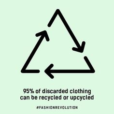 a black and white poster with an arrow pointing to the right, which reads 95 % of discarded clothing can be recycled or upcycled