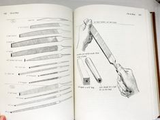 an open book with drawings of knives and tools in it's pages, including a hand holding a knife