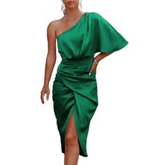 Green One Shoulder Pleated Irregular Party Dress Ruched One Shoulder Asymmetrical Dress For Party, Elegant Green One-shoulder Dress For Date Night, Spring Party Satin One Shoulder Dress, Green Asymmetrical Evening Dress, Asymmetrical Green Evening Dress, Green Asymmetrical Dress For Evening, Ruched Asymmetrical Dress For Party, Ruched Asymmetrical Dress With Hem For Party, Green One Shoulder Dress With Asymmetrical Neckline For Party