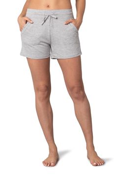 Light Grey Heather Comfortable Activewear With Drawstring, Solid Cotton Pajama Shorts In Athleisure Style, Comfy Leisure Activewear With Drawstring, Casual Loungewear Bottoms With Drawstring, Cotton Pajama Shorts With Drawstring, Comfy Stretch Bottoms With Side Pockets, Cotton Drawstring Pajama Shorts, Solid Color Comfort Waistband Shorts For Loungewear, Sporty Solid Color Cotton Pajama Shorts