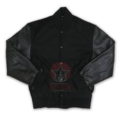 Full black wool leather varsity jacket plain black rib Black Varsity Jacket, Varsity Jacket Black, Baseball Varsity Jacket, Leather Sleeves, Leather Sleeve, Baseball Jacket, Sports Jacket, Black Rib, Custom Embroidery