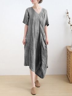 Styles: Holiday Material: 100% Linen Clothing Length: Mid-Calf Sleeve Length: Short Sleeve Collar: V-Neck Pattern: Solid Color Season: Spring/Fall #shirtdress #linen #graydress #traveldress Casual Gray Dress With Asymmetrical Hem, Fitted Pencil Dress, Resort Dress, Short Sleeves Dress, Black Linen Dress, Summer Linen Dresses, Resort Dresses, Travel Dress, Summer Linen