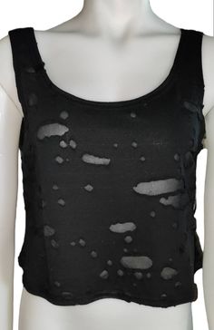 Black tank top.  This fabric looked distressed but is sheer in areas. Sheer Tank Top For Night Out, Black Distressed Edgy Tank Top, Black Edgy Distressed Tank Top, Stretch Grunge Tank Top For Summer, Grunge Stretch Tank Top For Summer, Summer Grunge Stretch Tank Top, Sheer Sleeveless Casual Tank Top, Casual Sheer Sleeveless Tank Top, Casual Sleeveless Ripped Top