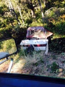 an old car is sitting in the middle of some brush and trees, with its hood up