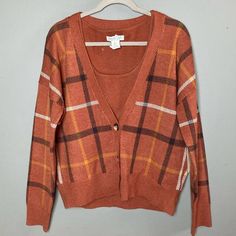 Nwt Rachel Zoe Plaid Sweater Twinset Large In Classic Autumn Colors Of Pumpkin/Rust, Brown And Cream. Cardigan With Matching Sweater Shell Tank Layer. 25.5” Pit To Pit 25.5” Long #Autumn #Halloween #Pumpkin Spice Orange V-neck Outerwear For Fall, Orange Sweater For Fall Layering, Orange Sweater For Layering In Fall, Orange V-neck Sweater For Fall, Fall Orange Tops For Layering, Orange Tops For Fall Layering, Orange Tops For Layering In Fall, Plaid Cardigan, Matching Sweaters