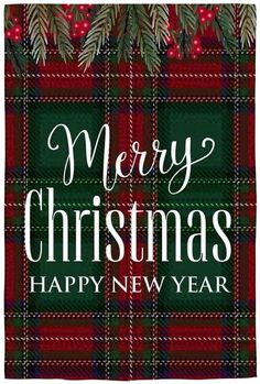 a plaid christmas card with the words merry christmas, happy new year and pine branches