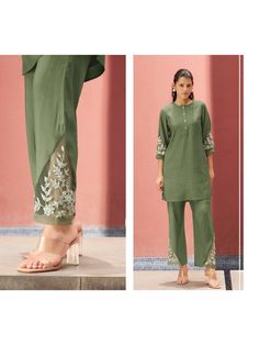 Fitted Green Cotton Pant Set, Green Fitted Cotton Pant Set, Casual Green Pant Set For Summer, Elegant Summer Palazzo Matching Set, Elegant Summer Matching Palazzo Set, Green Cotton Workwear Set, Fitted Green Cotton Palazzo Set, Elegant Green Cotton Palazzo Set, Spring Workwear Sets In Khaki