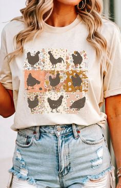 Our most popular designs pressed on a mineral wash, boyfriend fitting comfort tee Don't see the color option you want? Select white then type the name of the color you want in the space provided. Homestead Shirt, Tshirt Trends, Chicken Mama, Dtf Designs, Chicken Mom, Spring Chicken, Mommy Outfits, Chicken Shirts, Autumn T Shirts