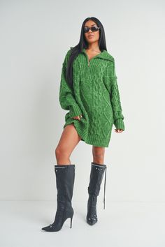 This long sleeve dress is constructed from a knit fabric, featuring a quarter zip closure and intricate braiding. Product details: Fit: Model is 5'9" and is wearing a size small. Fabric Contents: 100% Acrylic Product ID: WD15294 Green Knitted Sweater Dress For Fall, Green Half-zip Fall Sweater, Green Quarter Zip, Acrylic Product, Green Knit Sweater, Quarter Zip Sweater, Knit Sweater Dress, Zip Sweater, Green Color