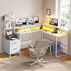 an office with a desk, chair and computer on top of it in front of a window