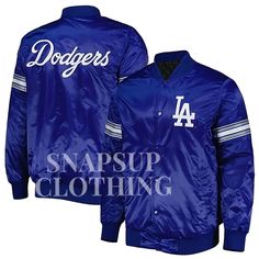 a dodgers baseball jacket with the los angeles dodgers logo on it, in blue and white