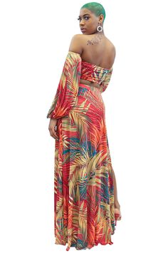 This is a multi-functional, off-shoulder 2-piece maxi skirt set/cover-up that features two deep side splits, long loose puffer sleeves, and a front tie. The maxi skirt has under panties attached. Multicolor tropical pattern. Size range from small to 2x. Great for poolside/vacation wear. Two-piece Maxi Skirt For Beach Spring Season, Spring Beach Two-piece Maxi Skirt, Two-piece Flowy Beach Dress, Beach Two-piece Dress With Flowy Skirt, Off-shoulder Beach Sets For Spring, Off-shoulder Summer Vacation Sets, Summer Off-shoulder Vacation Sets, Beachwear Maxi Skirt For Party, Beachwear Party Maxi Skirt