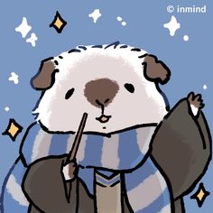 a drawing of a dog dressed as harry potter holding a wand and wearing a scarf