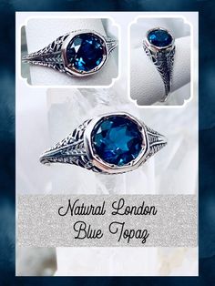 Natural London Blue Topaz Ring Description  Dandelion Design#205 Made To Order This is a stunning Edwardian wedding reproduction gemstone filigree ring. The approximately 1ct Natural London Blue gemstone, of your choosing, is 6mm in diameter. This lovely ring is sterling silver and is marked 925 for sterling. Notice the beautiful craftsmanship of the silver & filigree setting and band. This is an ornate and detailed ring. This is a lovely rendition of an Antique filigree ring, and it is ready to Intricate Round Blue Topaz Jewelry, Intricate Blue Topaz Jewelry, Round Blue Topaz Jewelry With Intricate Design, Blue Topaz Jewelry With Intricate Design, Round Sapphire Filigree Jewelry, Heirloom Blue Topaz Diamond Cut Ring, Formal Sapphire Filigree Round Ring, Diamond Cut Blue Topaz Ring For Wedding, Heirloom Blue Topaz Ring With Diamond Cut