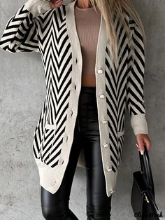 Olivia Mark - Plus Size Casual Cardigan, Women's Plus Stripe Print Long Sleeve Button Up Cardigan Coat Collar, Drop Shoulder Cardigan, Color Block Cardigan, Button Up Cardigan, Casual Cardigans, Cardigan Women, Long Sweaters Cardigan, Knitted Cardigan, Plus Size Casual