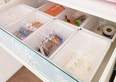 the drawers are filled with various items for crafting and sewing supplies to be stored in