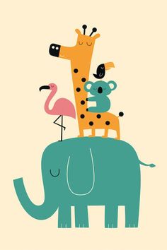 an elephant, giraffe and flamingo are standing on top of each other