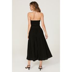 Black rayon blend (77% Rayon, 23% Nylon). A-line. Sleeveless. Halter neck. Side zipper closure. 41" from shoulder to hemline. Imported. Rayon A-line Maxi Dress, Black A-line Strapless Dress For Spring, Flowy Sleeveless Midi Dress For Day Out, Sleeveless Midi Dress With Flowy Skirt For Day Out, Sleeveless Fit And Flare Midi Dress For Date Night, Sleeveless Fit And Flare Midi Dress For Day Out, Chic Flowy Midi Sundress, A-line Midi Dress With Back Zipper For Date Night, Lined A-line Midi Dress For Date Night