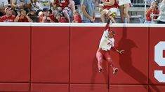 a man jumping up into the air to catch a ball in front of a crowd