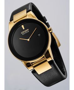 Citizen Eco-Drive pairs a linked gold-tone case with smooth black leather and an inky minimalist dial for this light-powered timepiece from the inspired Axiom collection. Style #AU1062-05E Sleek Black Business Watch, Sleek Black Watch For Business, Black Watches With Polished Finish And Round Dial, Modern Leather Watch With Polished Finish, Formal Black Polished Watch Bands, Formal Black Watch Band With Polished Finish, Formal Black Watch Bands With Polished Finish, Leather Watches With Polished Finish, Modern Black Polished Watch Bands