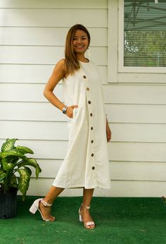 "* Bohemian Style Dress  * One Size Fits Most (US Women's S-L) * 100% Organic Cotton * Bust up to 46\" * Length with Hem 48\" * 2 Side Pockets * Coconut Shell Buttons for Accent * Suitable for any occasion * Great gift for yourself or your loved ones" Bohemian Cotton Midi Dress With Buttons, White Bohemian Maxi Dress With Buttons, Beige Buttoned Maxi Dress For Beach, Beach Beige Maxi Dress With Buttons, Bohemian Style Dresses, Shell Buttons, Coconut Shell, Dress Boho, Dress With Pockets