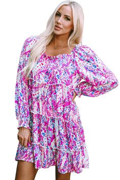 Rose Ruffled Square Neck Long Sleeve Floral Dress Pink Tiered Dress For Fall, Square Neck Long Sleeve, High Waist Dress, Dresses Floral, Bishop Sleeve, Solid & Striped, Long Sleeve Floral Dress, Flounce Sleeve, Plaid Fashion