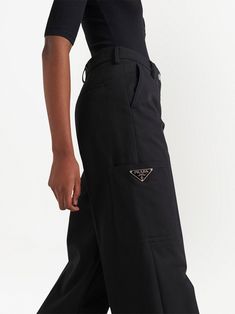 Prada triangle-patch straight-leg Trousers - Farfetch Luxury Cotton Bottoms For Workwear, Luxury Cotton Bottoms For Work, Luxury Cotton Workwear Bottoms, Black Work Pants With Patch Pockets, Classic Black Bottoms With Patch Pockets, Designer Straight Leg Pants With Pockets, Designer Workwear Bottoms With Pockets, Luxury Straight Pants Bottoms With Pockets, Luxury Black Pants With Welt Pockets