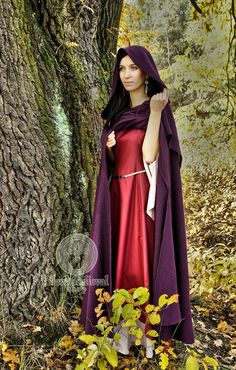 "Woolen cloak \"AUTUMN PLUM\" Beautiful woolen cloak with a hood inspired by the upcoming of autumn. This charming cape was created to celebrate the upcoming autumn. It would be perfect for historical, fantasy or cosplay styling - for enchantress, sorceress, fairy. The cloak has a semicircular shape and a large hood, in which you can easily hide your face. It has also some spectacular folds. It is sewn from the unusually warm and silky boiled wool. The front has a decorative ruffled collar. This Elvish Medieval Dress For Winter Cosplay, Hooded Medieval Dress For Cosplay And Festivals, Fantasy Cape For Cosplay Events, Elven Cape For Cosplay And Medieval Festivals, Fantasy Cape For Cosplay And Fantasy Events, Hooded Medieval Dress Costume For Festivals, Elven Style Cape For Medieval Festivals And Costume Events, Elven Style Cape For Medieval Festivals, Elven Cape For Medieval Festivals And Costume Events