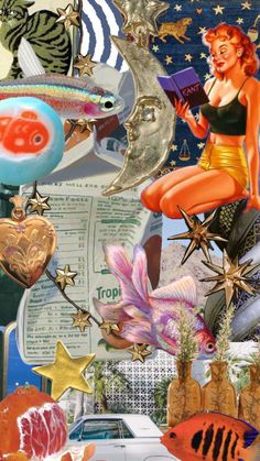 an altered collage of various items including fish, stars and other things in the air