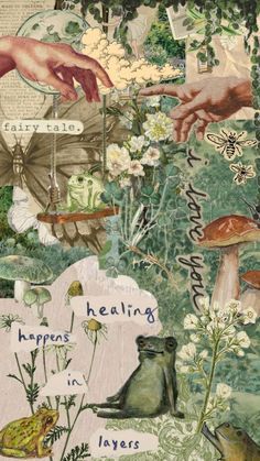 an altered collage of hands reaching for flowers and mushrooms with the words happiness in them