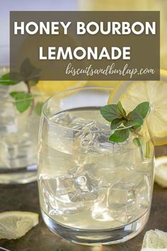 honey bourbon lemonade in a glass with ice and mint garnish on the rim