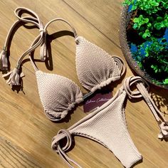 Nwt Lubyswim Olivia Tan Bikini New With Tags Handmade Brazilian Bikini Padded Triangle Top With Tie Straps Cheeky V Bottom With Tie Sides L Swimsuit Set, Triangle Top, Swimwear Collection, Luxury Fabrics, Women Brands, Womens Swim, Workout Shirts, Swimming, Cream