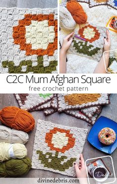 crocheted afghans are arranged on the floor with yarn and doughnuts