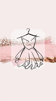 a drawing of a dress on a hanger with pink and gold paint streaks in the background