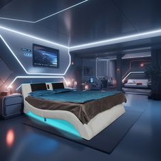 a bed in a room with lights on the ceiling and a tv mounted to the wall