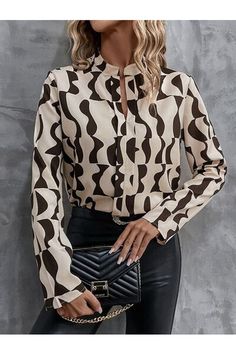 Printed Notched Long Sleeve Blouse - Blouses - FITGGINS Printed V-neck Tops For Office, Trendy Long Sleeve Workwear Blouse, Trendy Long Sleeve Blouse For Work, Patterned V-neck Workwear Blouse, Patterned V-neck Blouse For Work, Trendy Long Sleeve Printed Blouse, Chic Long Sleeve Blouse With Abstract Print, Spring Long Sleeve Blouse With Abstract Print, Fitted Long Sleeve Fashion Print Top