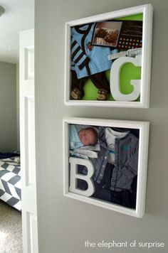 two baby pictures hanging on the wall next to each other