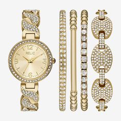 This Relic by Fossil glitzy ladies rose gold-tone watch set features a 30mm rose gold-tone watch with a braided bracelet that is embellished with clear stones, a gold-tone hinge bracelet with two rows of clear stones, a stretchy bead bracelet, a stretchy bracelet with clear stones all around, and a glitzy link bracelet.# Pieces In Set: 5Number of Batteries: 1Included: 4 Bracelet(s), 1 Watch(es)Features: Quick ShipBattery Type: Lithium IonJewelry Closure: Fold Over ClaspPower Source: Battery (inc Hinge Bracelet, Stretchy Beaded Bracelet, Watch Set, Gold Ceramic, Braided Bracelet, Hinged Bracelet, Clear Stone, Stretchy Bracelets, Watch Movement