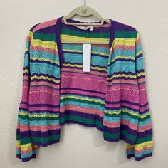 Soft Surroundings Cropped Cardigan Womens Sweater Size L Striped Pointelle Multicolor Summer Sweater For Layering, Multicolor Layering Sweater For Summer, Multicolor Cardigan For Winter Day Out, Multicolor Winter Cardigan For Day Out, Winter Multicolor Cardigan For Day Out, Multicolor Long Sleeve Cardigan For Spring, Trendy Colorful Spring Cardigan, Trendy Colorful Cardigan, Trendy Multicolor Cardigan For Day Out