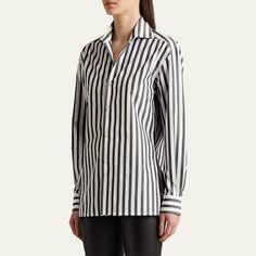 Ralph Lauren Collection "Capri" shirt in vertical stripes Spread collar; button front Long sleeves; button cuffs Relaxed fit Back yoke Cotton Made in Italy Size Note:   Height: 5'10"/ waist 24”/ hips 36"/ bust 34" Model is wearing size 6 Chic Office Shirt With Vertical Stripes, Chic Vertical Stripes Office Shirt, Collared Shirt With Vertical Stripes For Work, Office Shirt With Vertical Stripes And Collar, Classic Tops With Signature Stripes For Work, Pinstripe Shirt With Placket For Work, Classic Striped Blouse For Business Casual, Classic Workwear Tops With Signature Stripes, Classic Pinstripe Blouse With Striped Collar