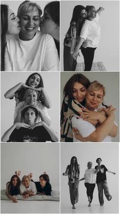 several different pictures of women with their arms around each other and one woman hugging her head