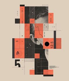 a man's face is surrounded by orange and black geometric shapes, including numbers